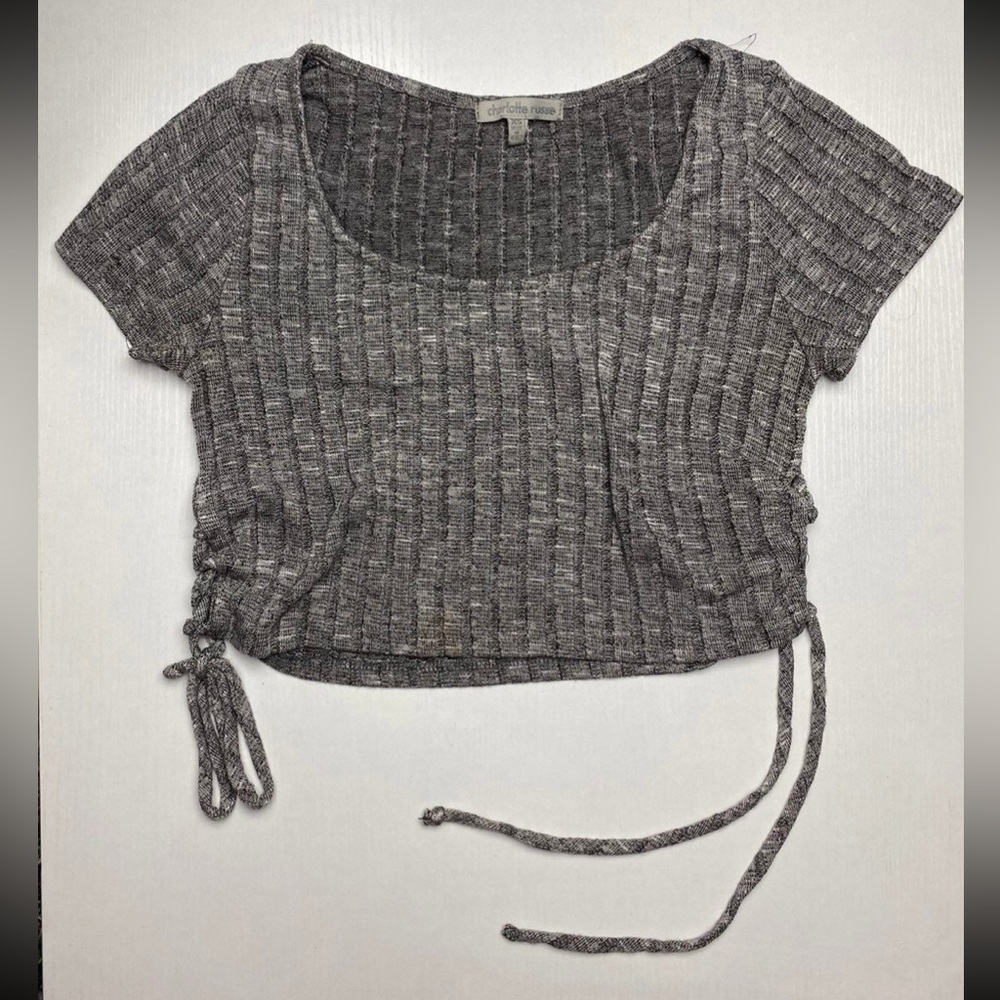 Charlotte Russe Gray T shirt Crop Top Side Ties Womens Size XS Lace Up string